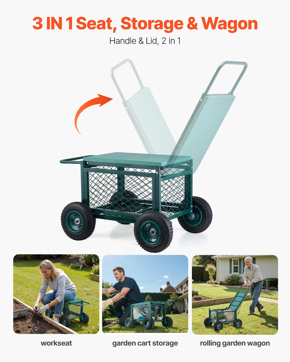 VEVOR person seated on cart in backyard providing a comfortable work stool