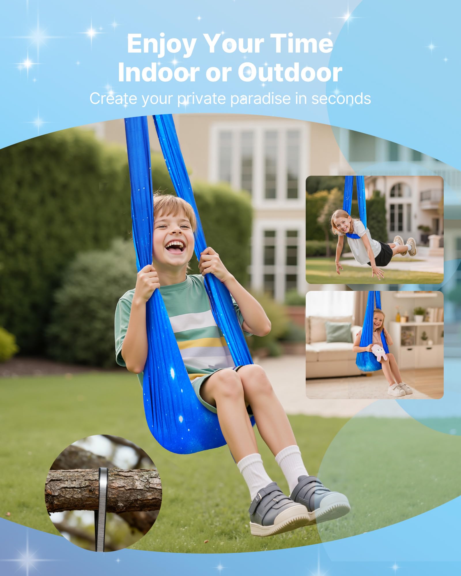 VEVOR child wrapped inside cocoon-style swing enjoying gentle compression and calm