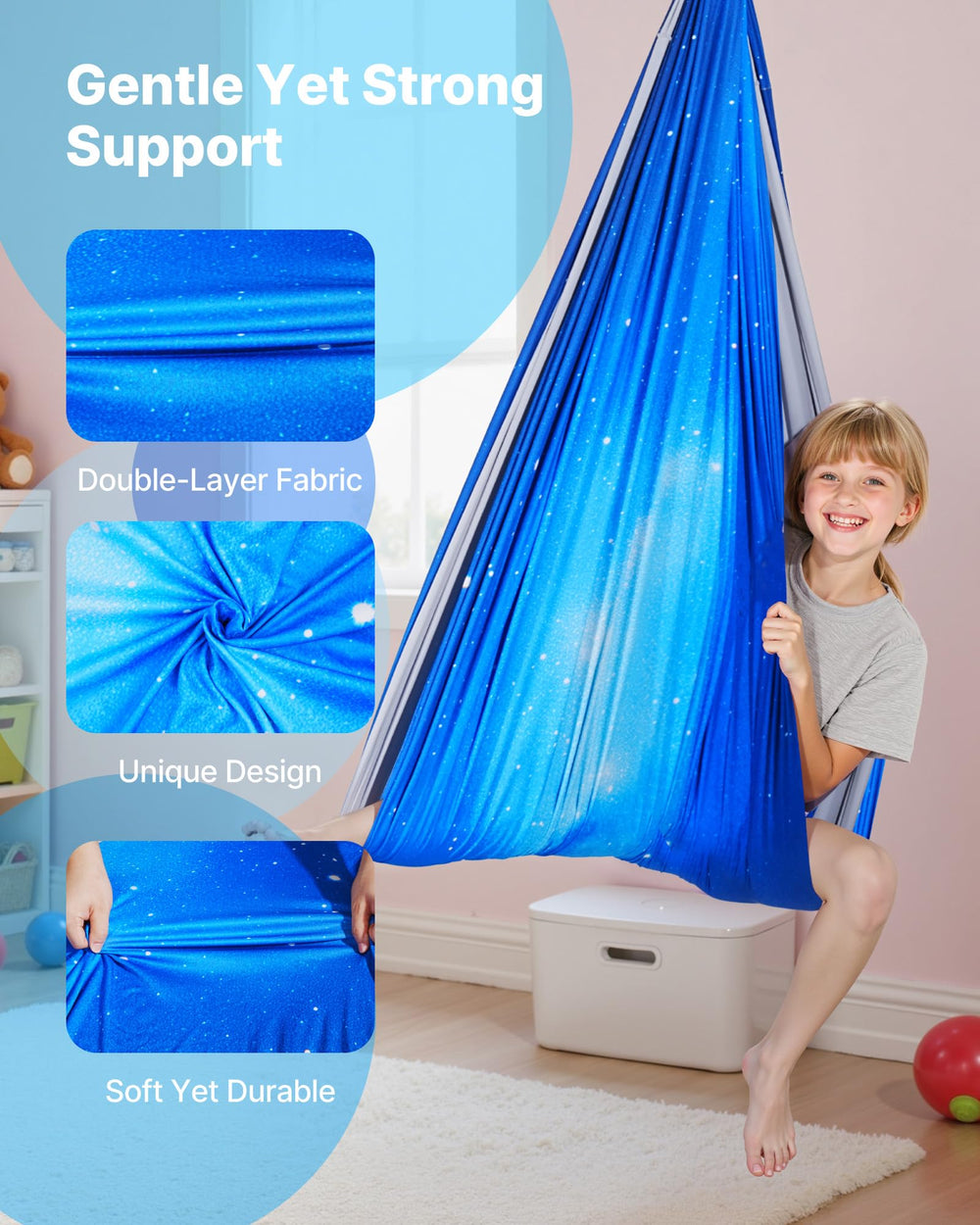 VEVOR sensory swing installed in a bedroom offering a cozy spot for relaxation