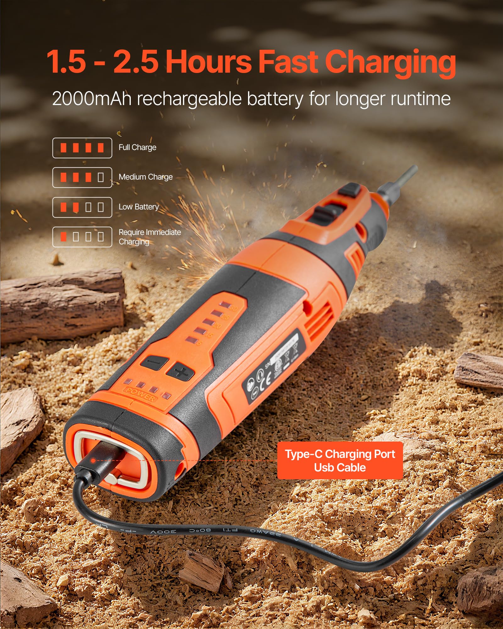 VEVOR battery and Type-C charging port visible for quick recharging