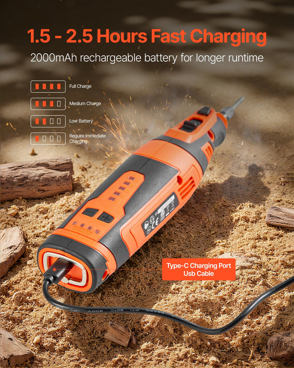 VEVOR battery and Type-C charging port visible for quick recharging