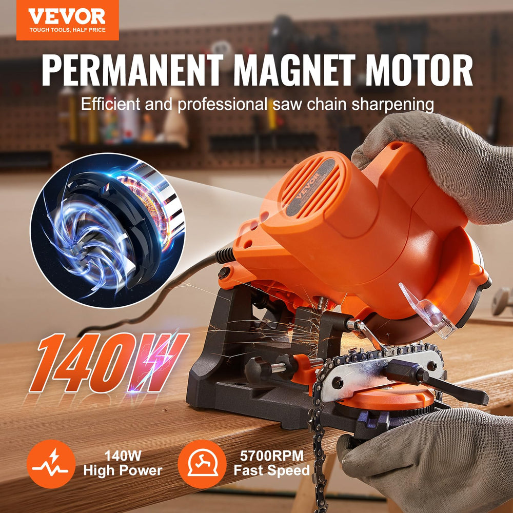 VEVOR motor and spindle close-up highlighting 140W power and 5700 RPM stability