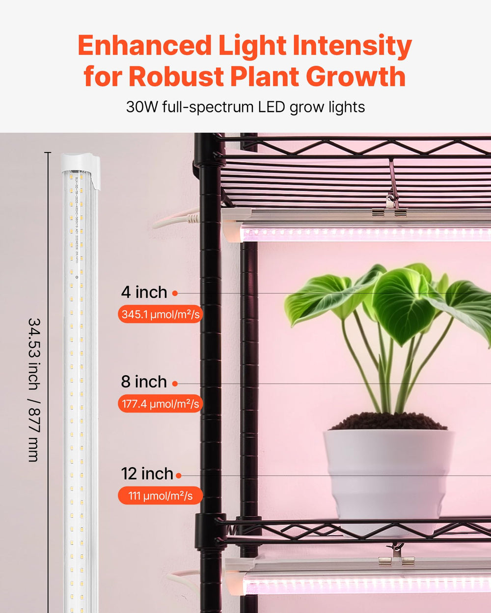 VEVOR shelf adjustment detail showing flexible spacing to fit various plant heights