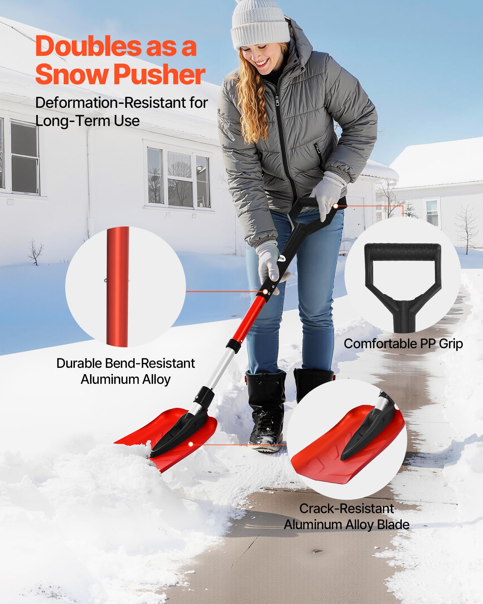 VEVOR shovel assembled side profile showing adjustable shaft for ergonomic use