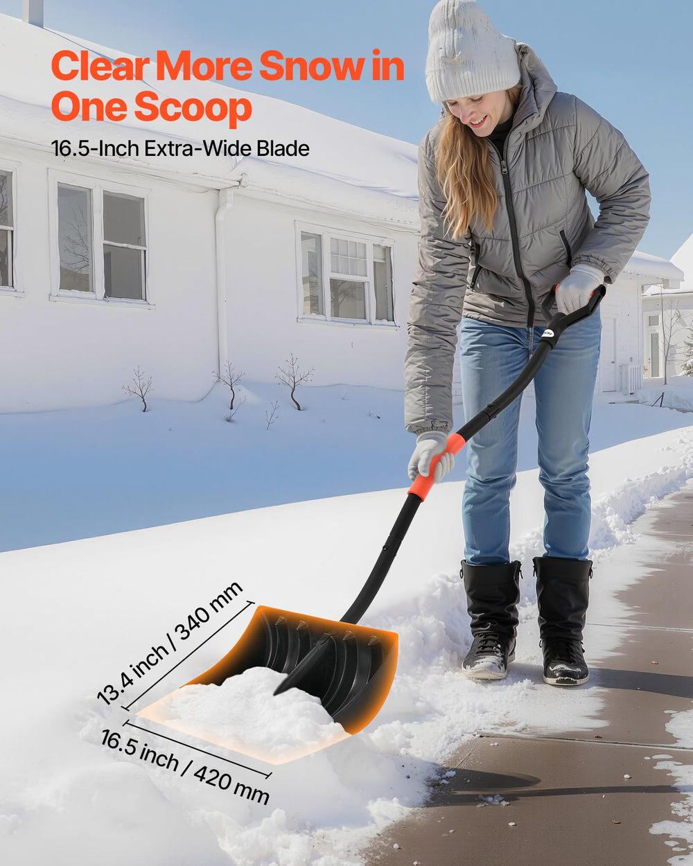 VEVOR shovel clearing driveway snow demonstrating efficient removal