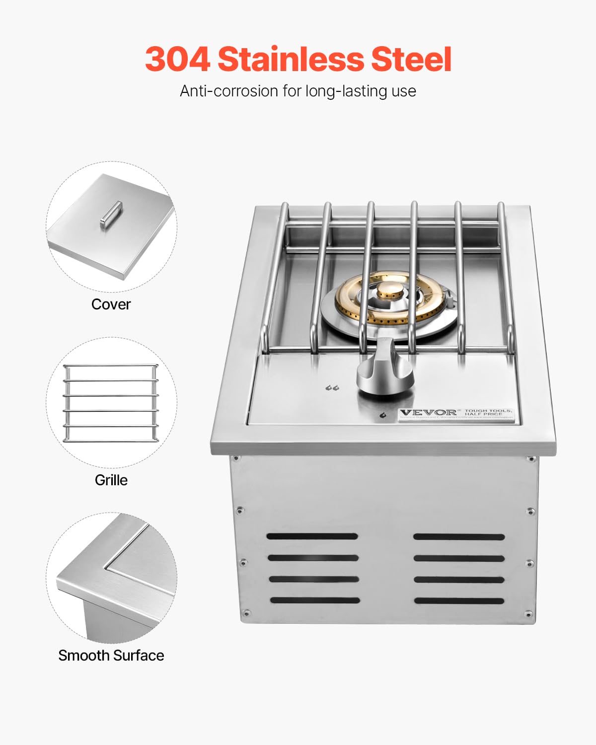 VEVOR removable grate close-up showing sturdy support for pots and easy cleaning
