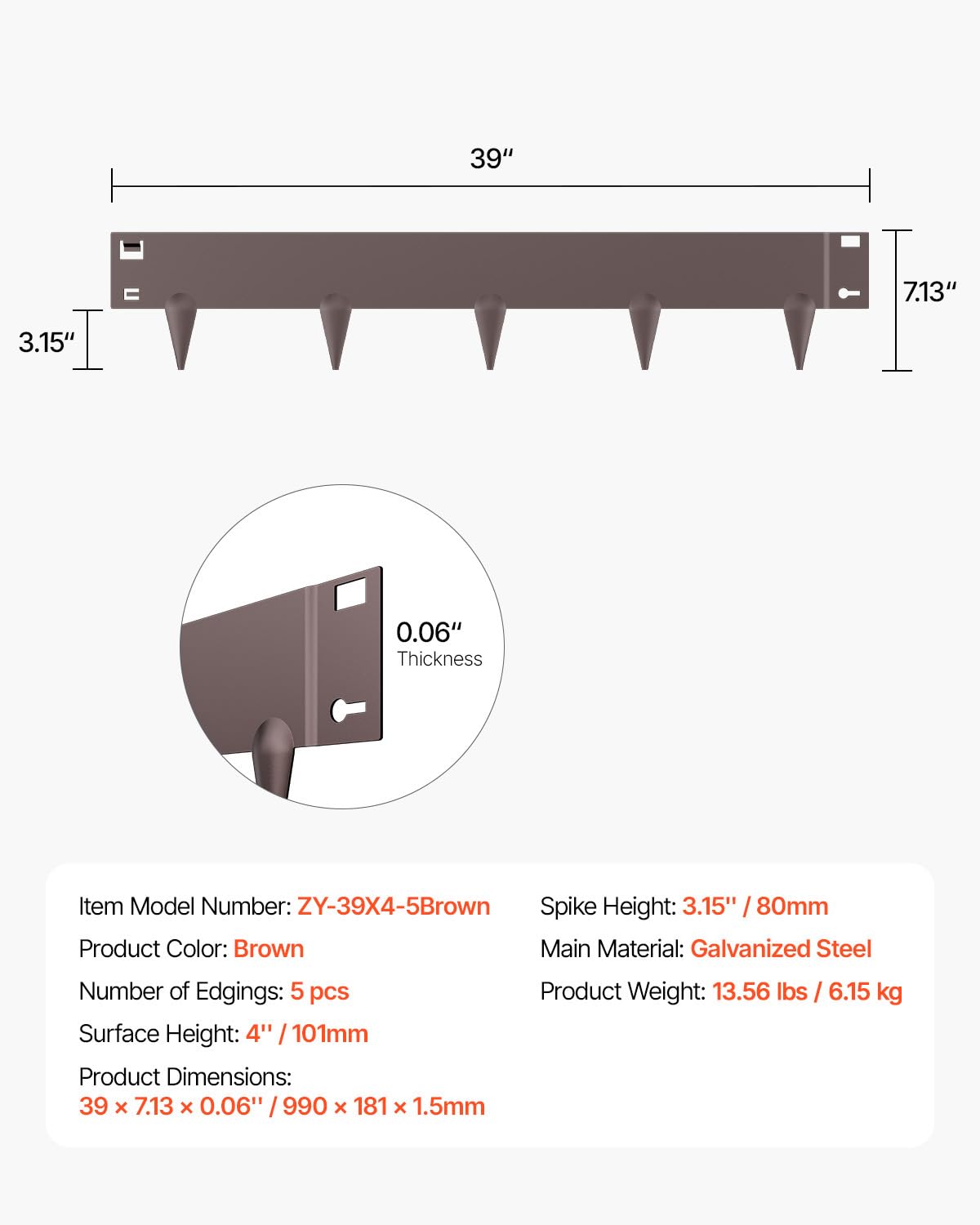 VEVOR side profile showing 4-inch height for mower-friendly barrier