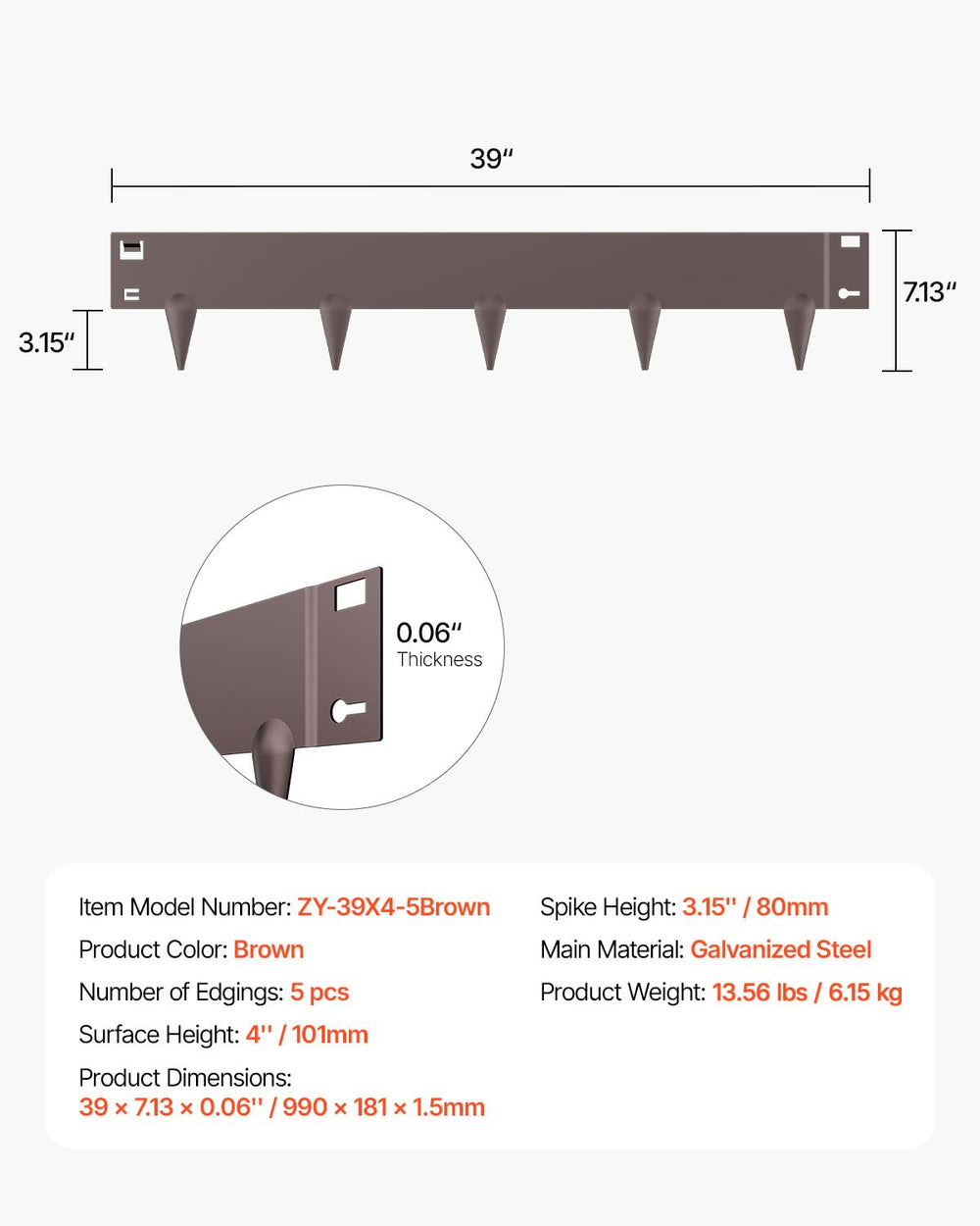 VEVOR side profile showing 4-inch height for mower-friendly barrier