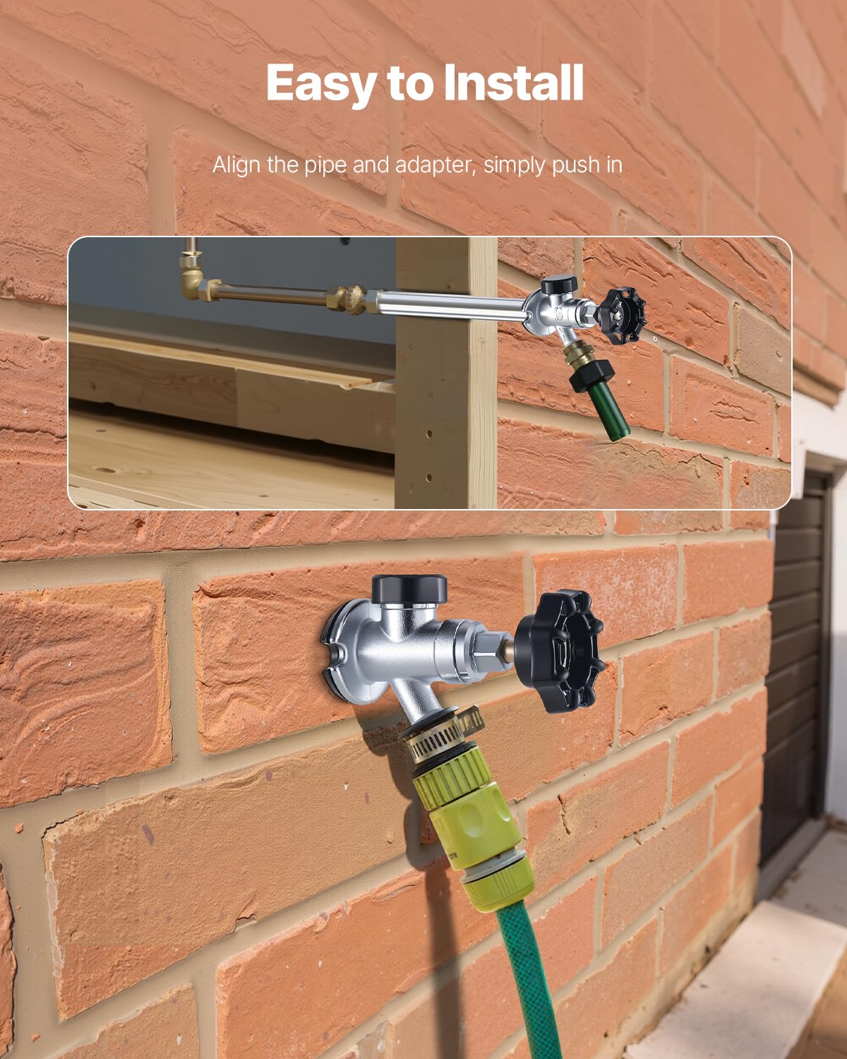 VEVOR sillcock mounted on exterior wall with hose attached, reliable outdoor water supply