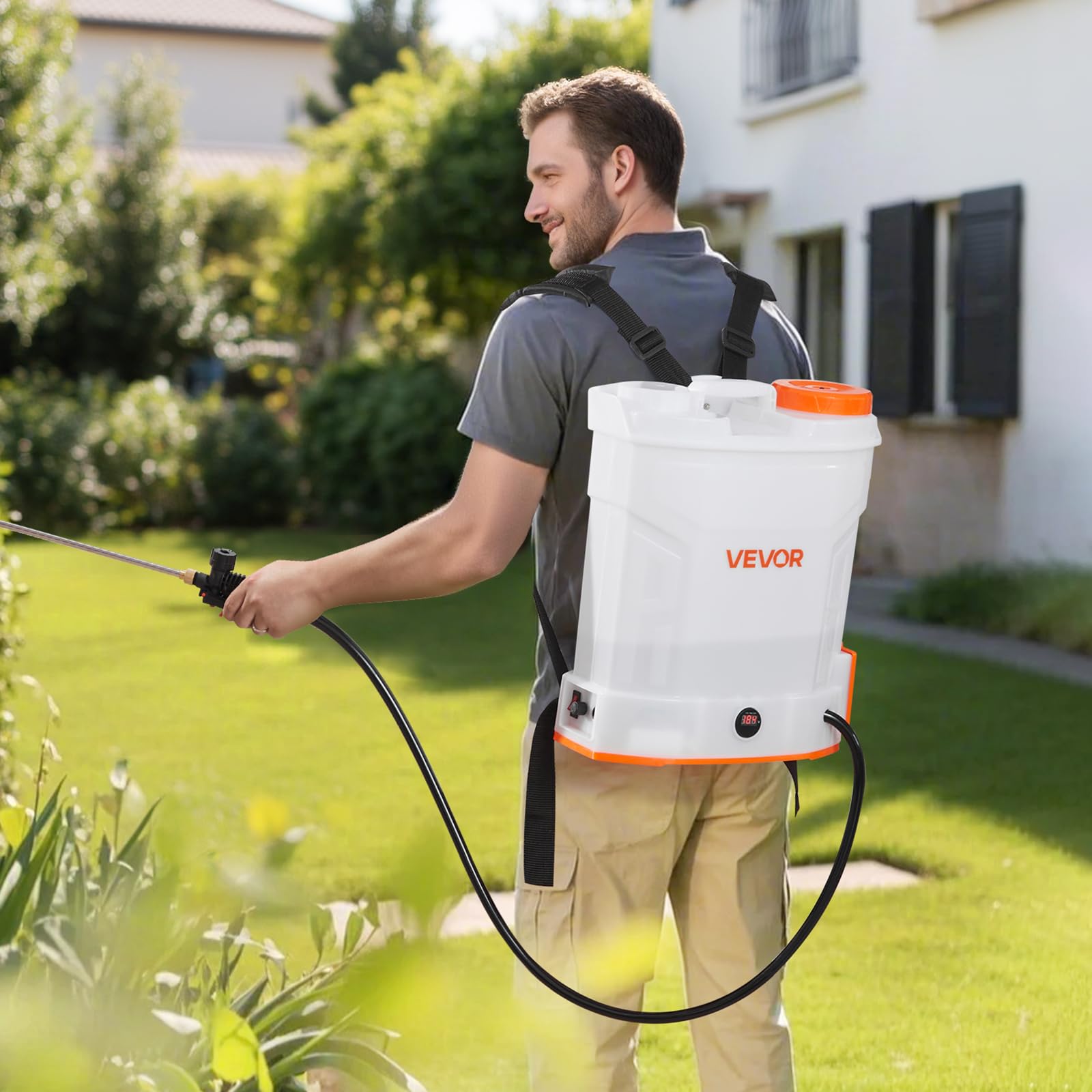 VEVOR backpack sprayer next to a hand for scale to show compact 3.2 gal capacity benefits