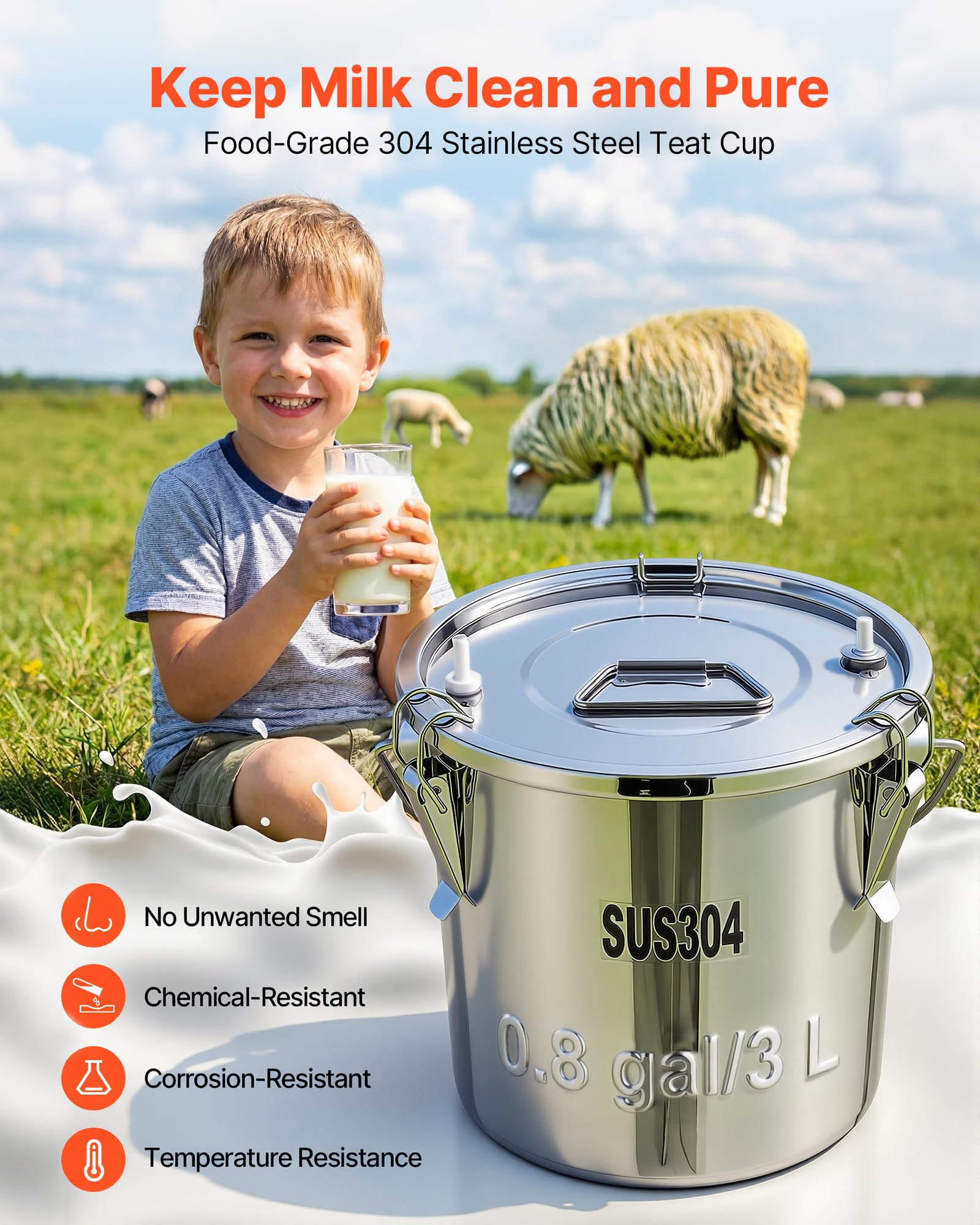VEVOR size comparison with hand showing 3 L bucket scale and portability benefit
