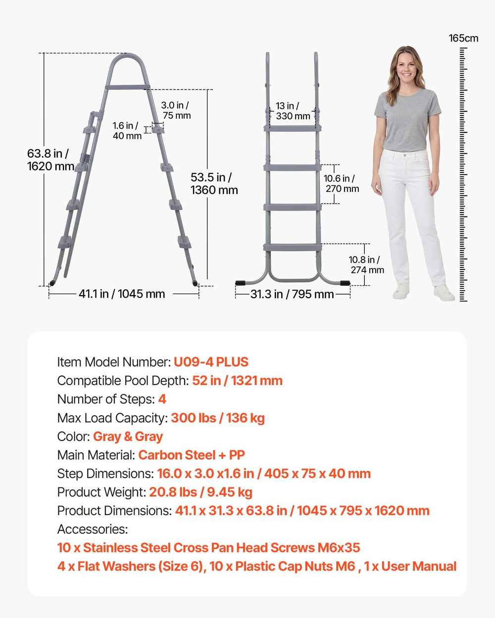 VEVOR ladder next to adult showing scale and step spacing safety