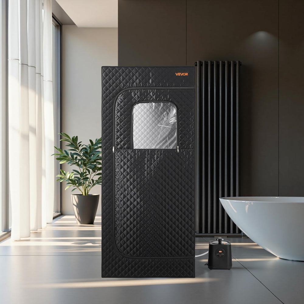VEVOR sauna with chair showing scale and compact storage benefit