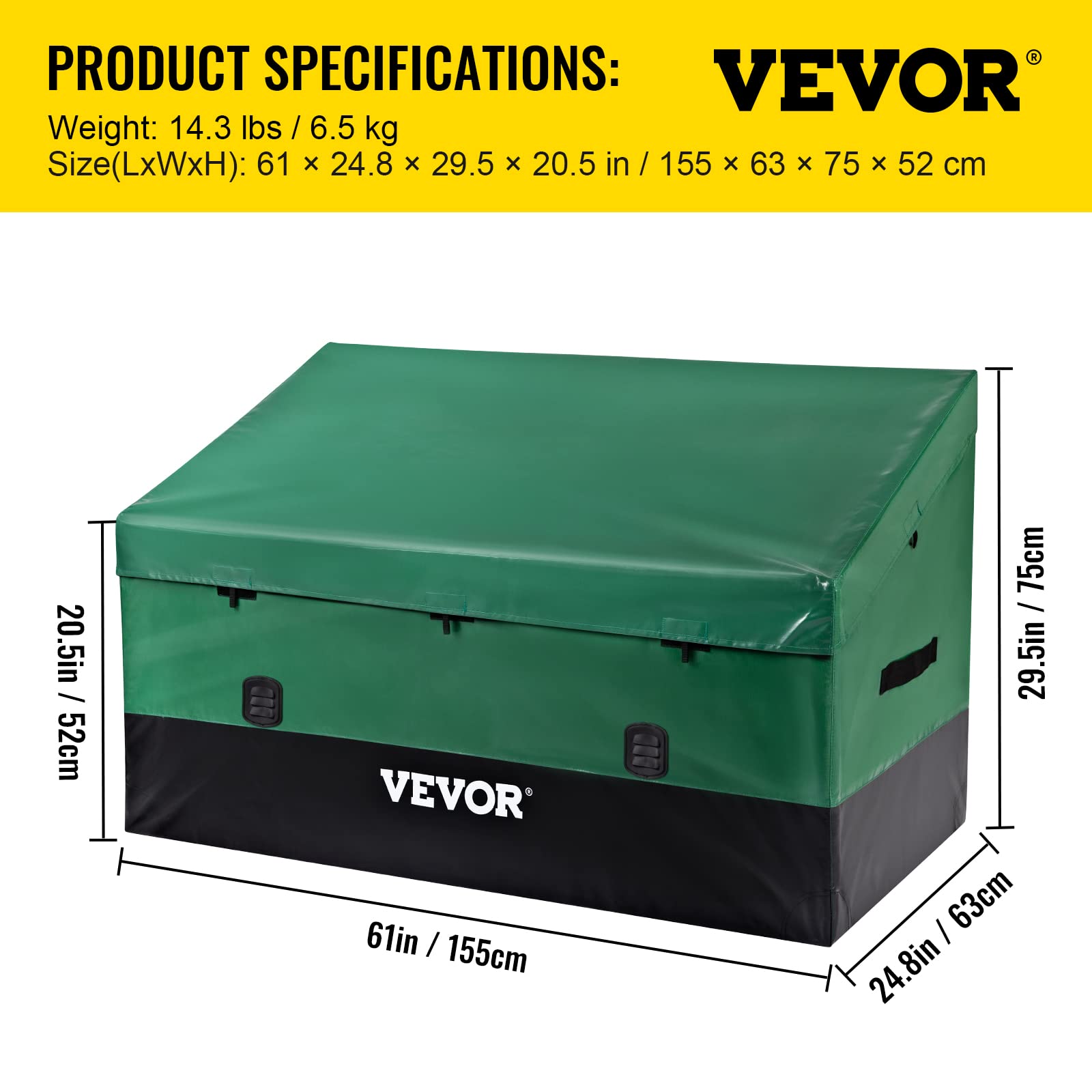 VEVOR storage box beside chairs showing scale and capacity for outdoor items