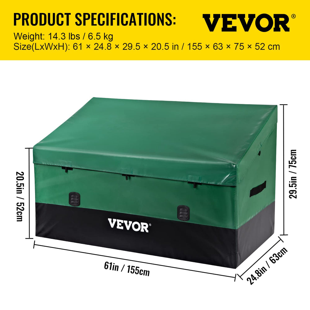VEVOR storage box beside chairs showing scale and capacity for outdoor items