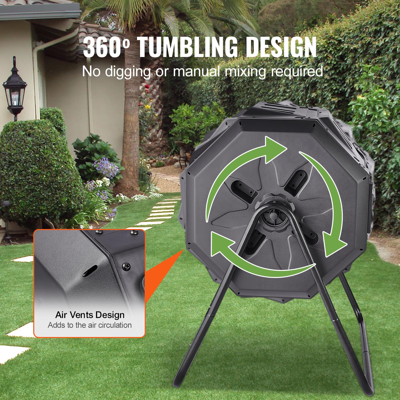 VEVOR next to garden tools showing compact footprint and practical scale