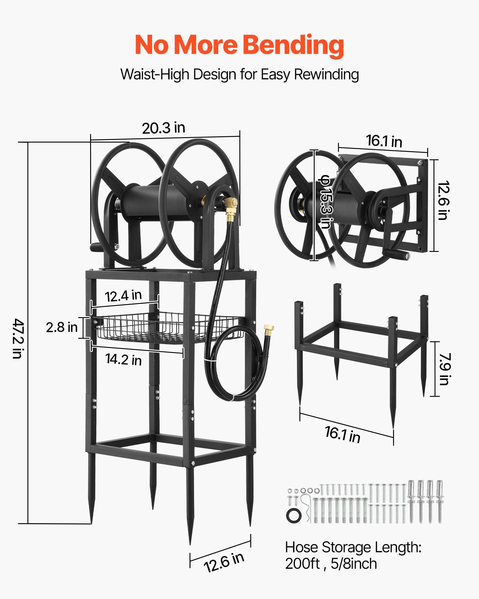 VEVOR reel next to person illustrating scale and large 200 ft hose capacity