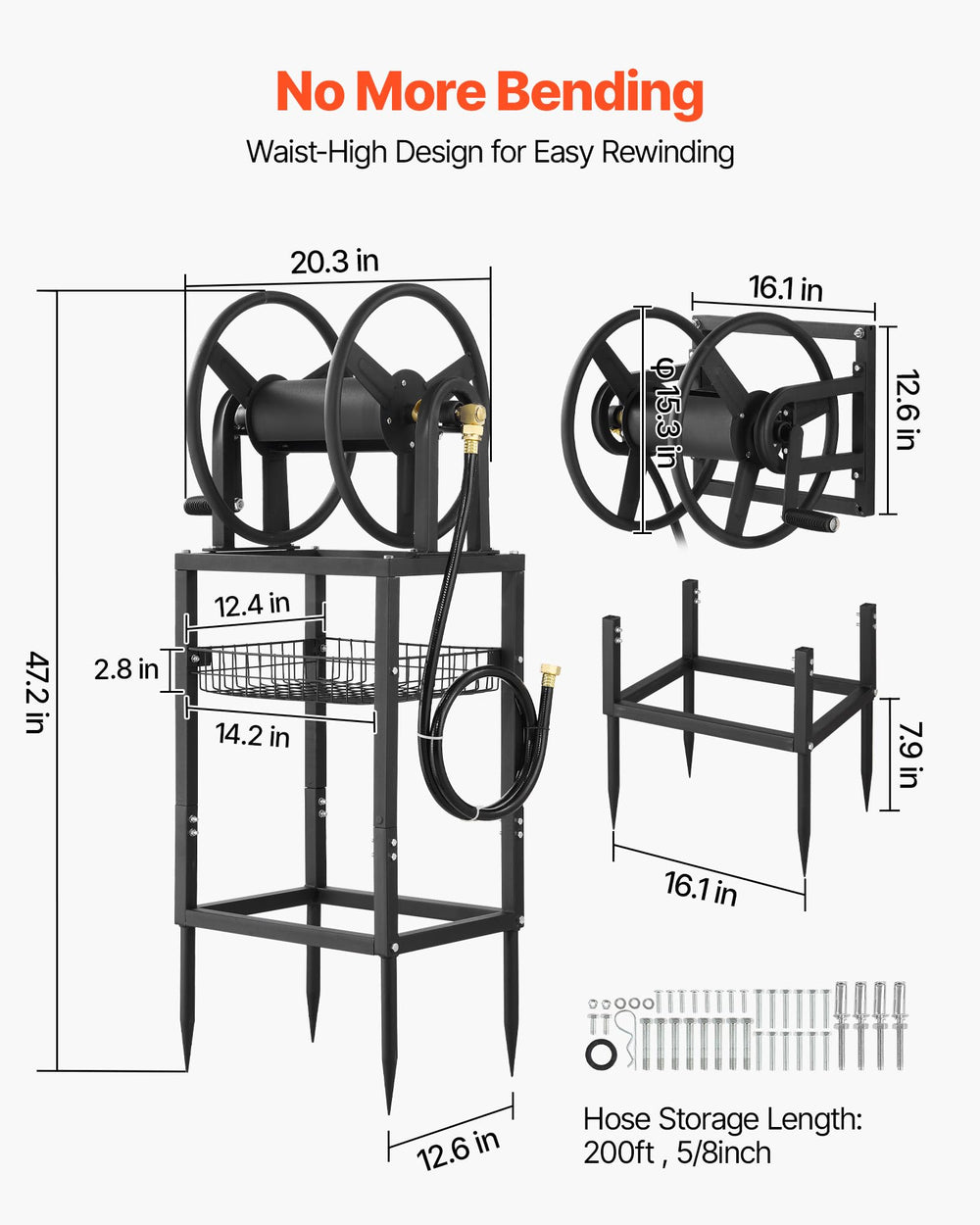 VEVOR reel next to person illustrating scale and large 200 ft hose capacity