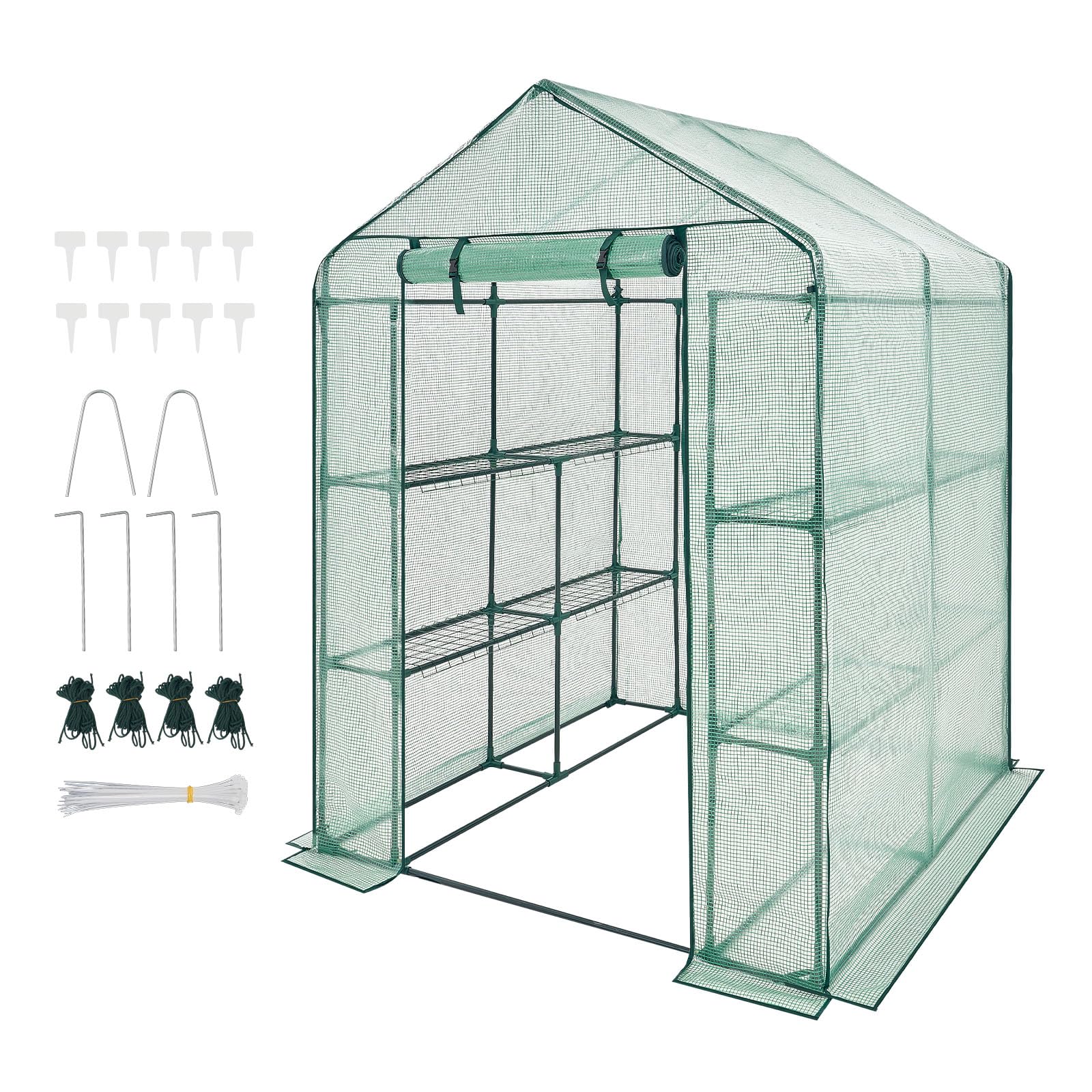 VEVOR greenhouse next to person showing scale and compact footprint benefit