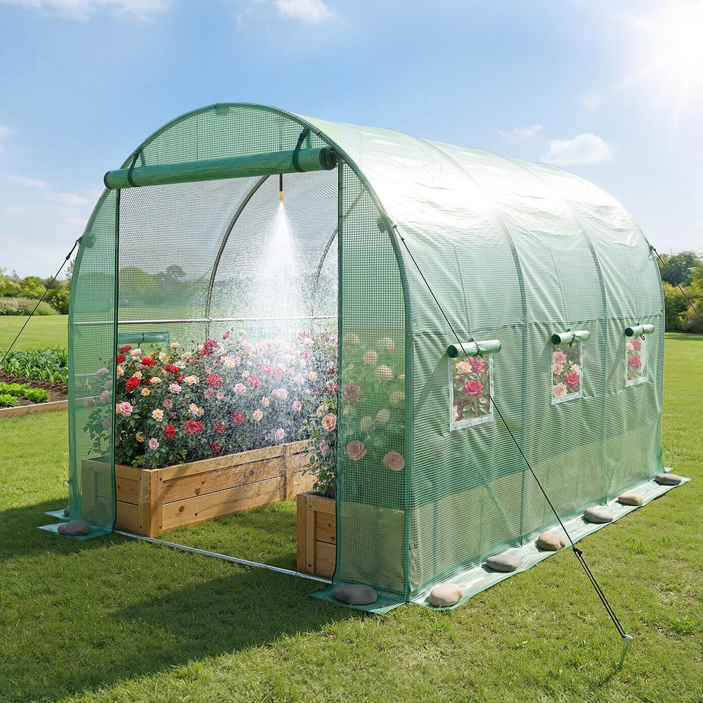 VEVOR person next to greenhouse showing scale and standing-room convenience benefit