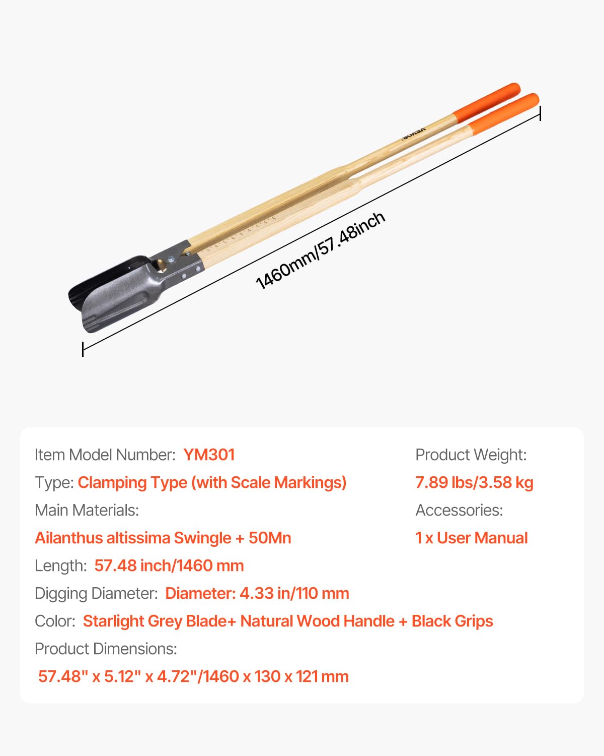 VEVOR post hole digger beside ruler showing accurate 57.5-inch length