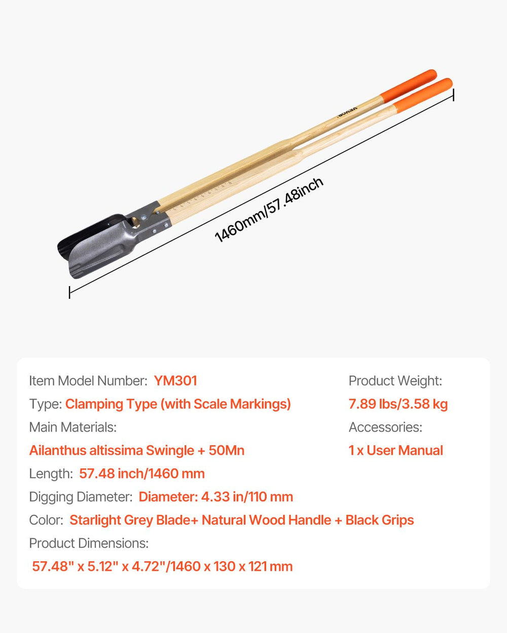 VEVOR post hole digger beside ruler showing accurate 57.5-inch length