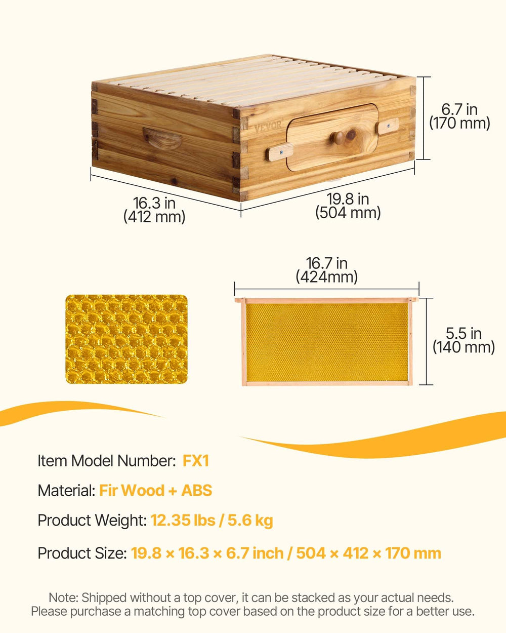 VEVOR hive next to ruler for scale showing medium 10-frame capacity