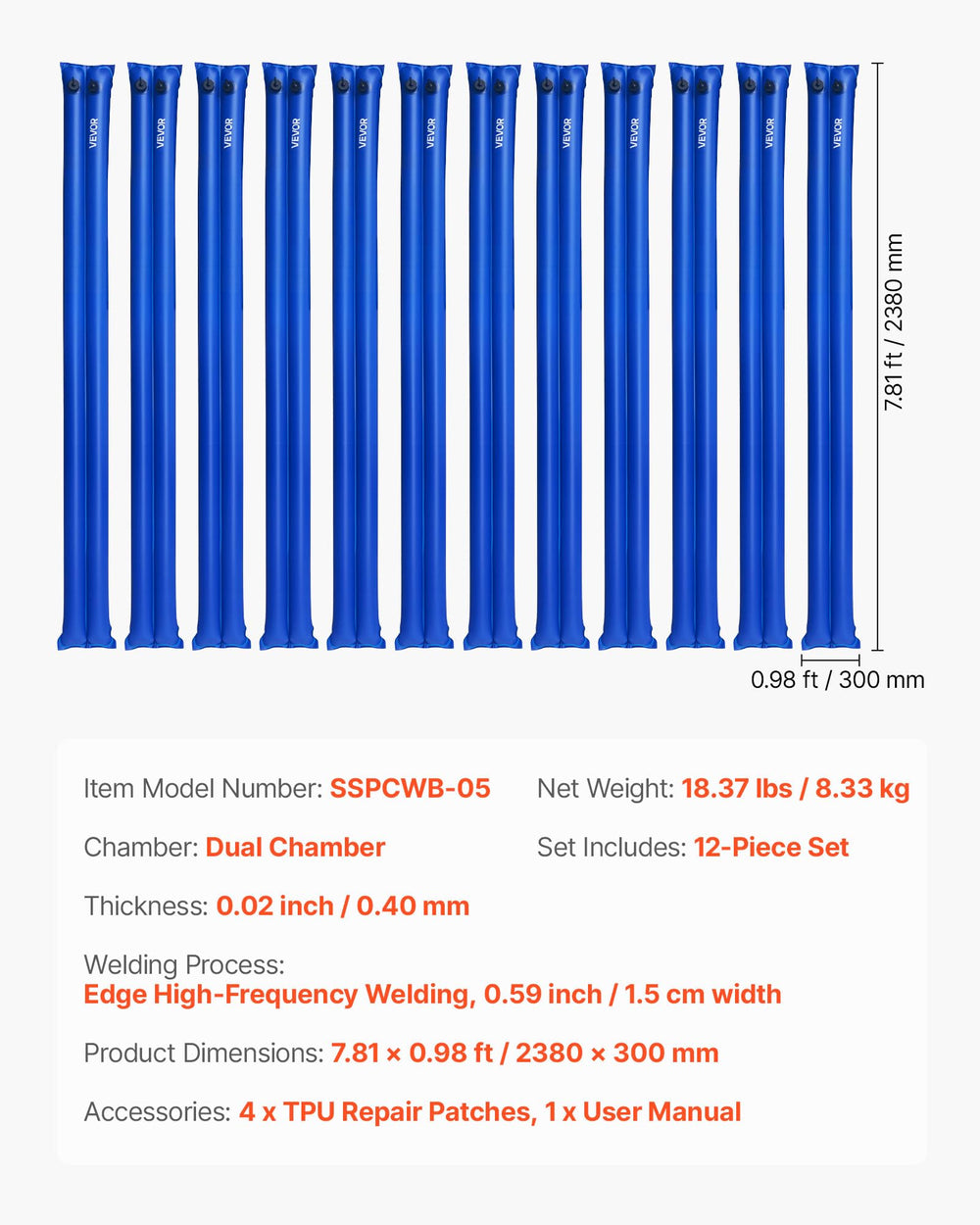 VEVOR bags next to hand and ruler showing 8 ft scale for correct sizing