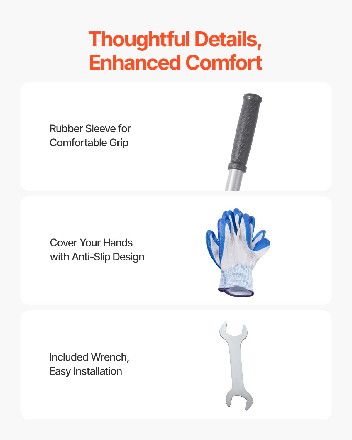 VEVOR size comparison with measuring tape illustrating 83.9 in handle reach benefit