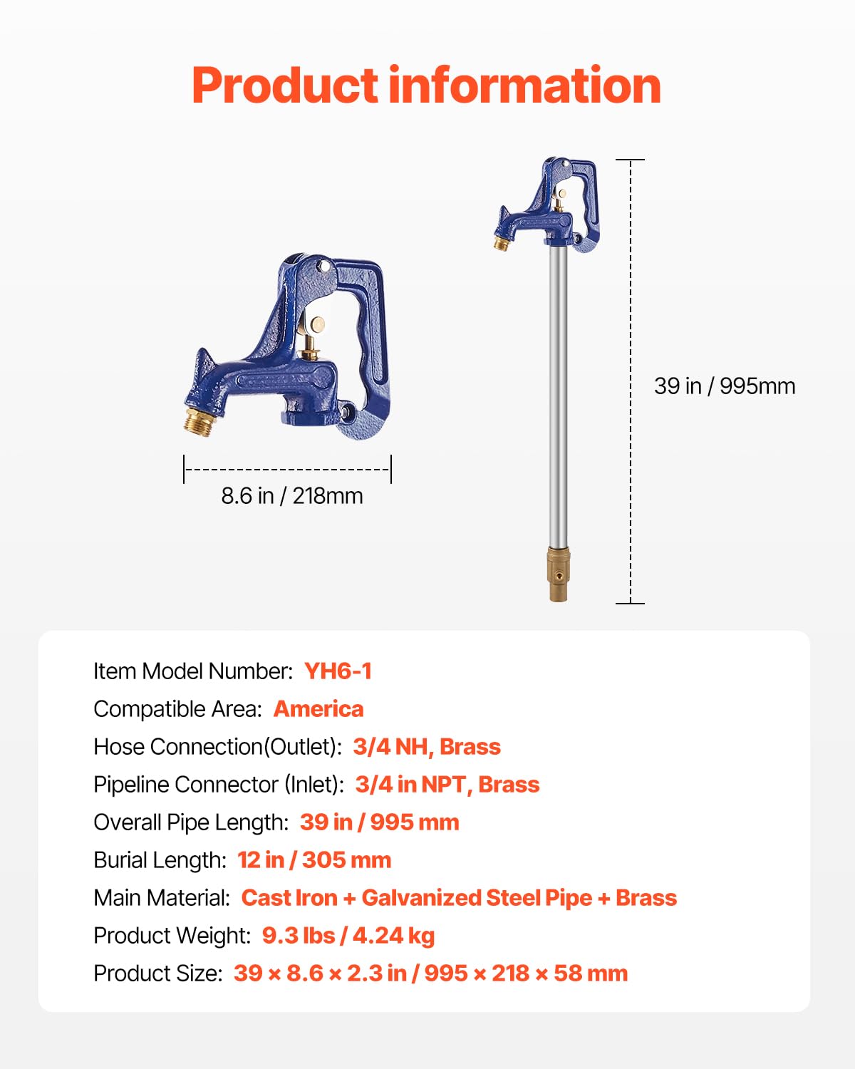 VEVOR size comparison with measuring tape showing 3.25ft riser for correct frost depth
