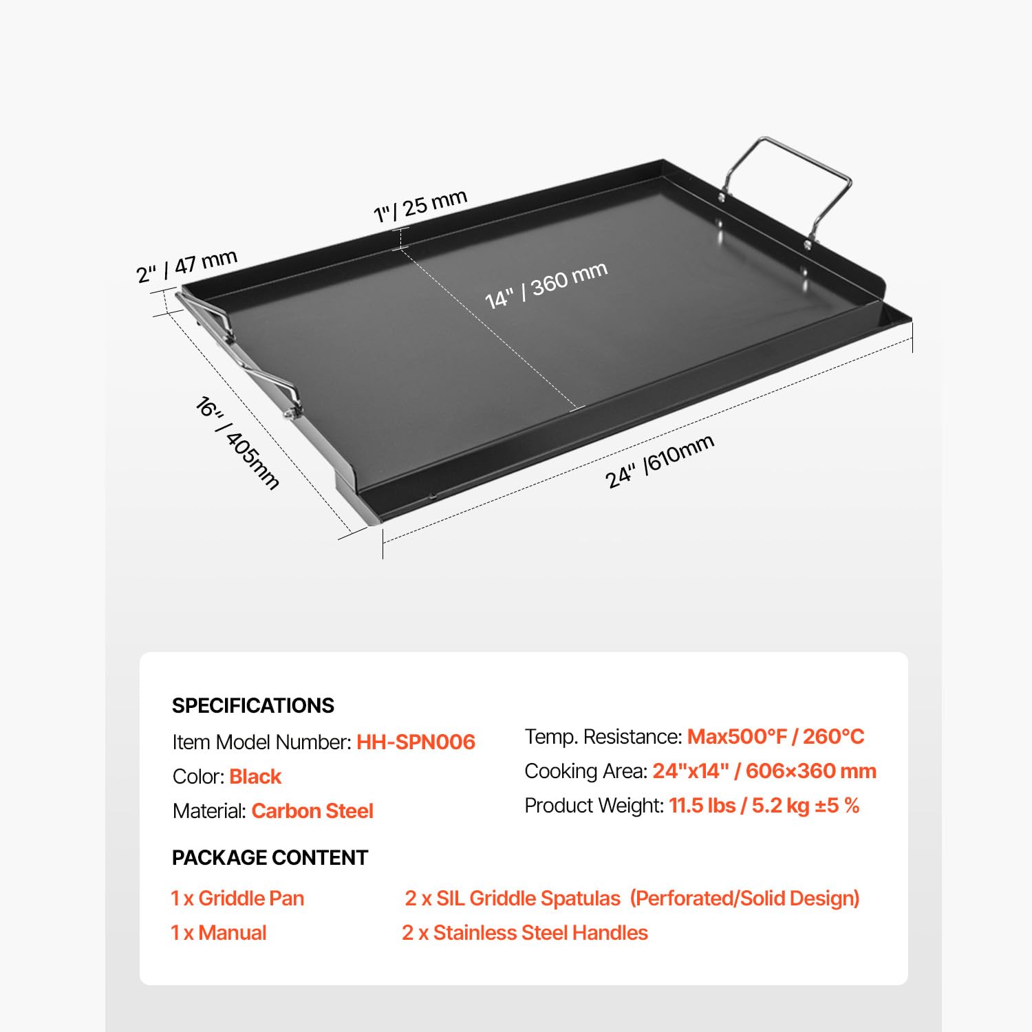 VEVOR griddle size comparison with utensils showing usable cook area