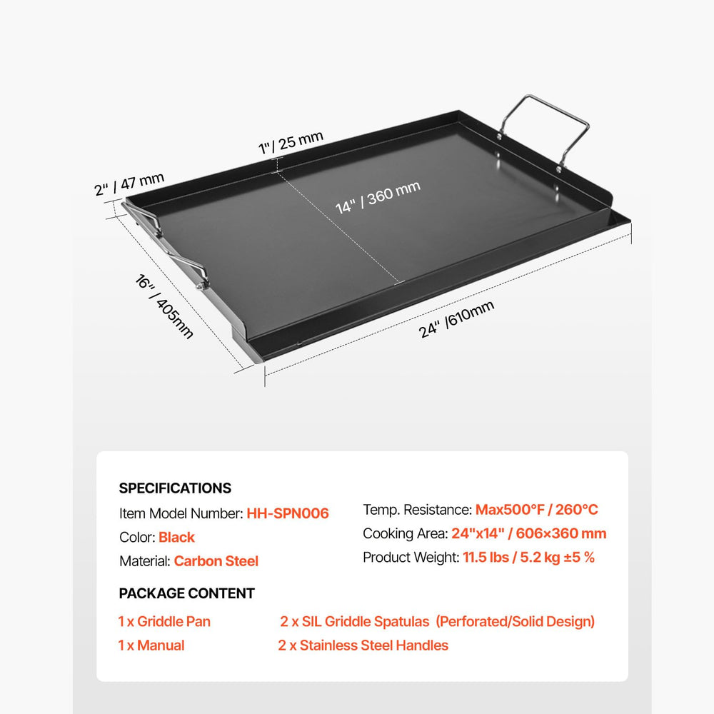 VEVOR griddle size comparison with utensils showing usable cook area
