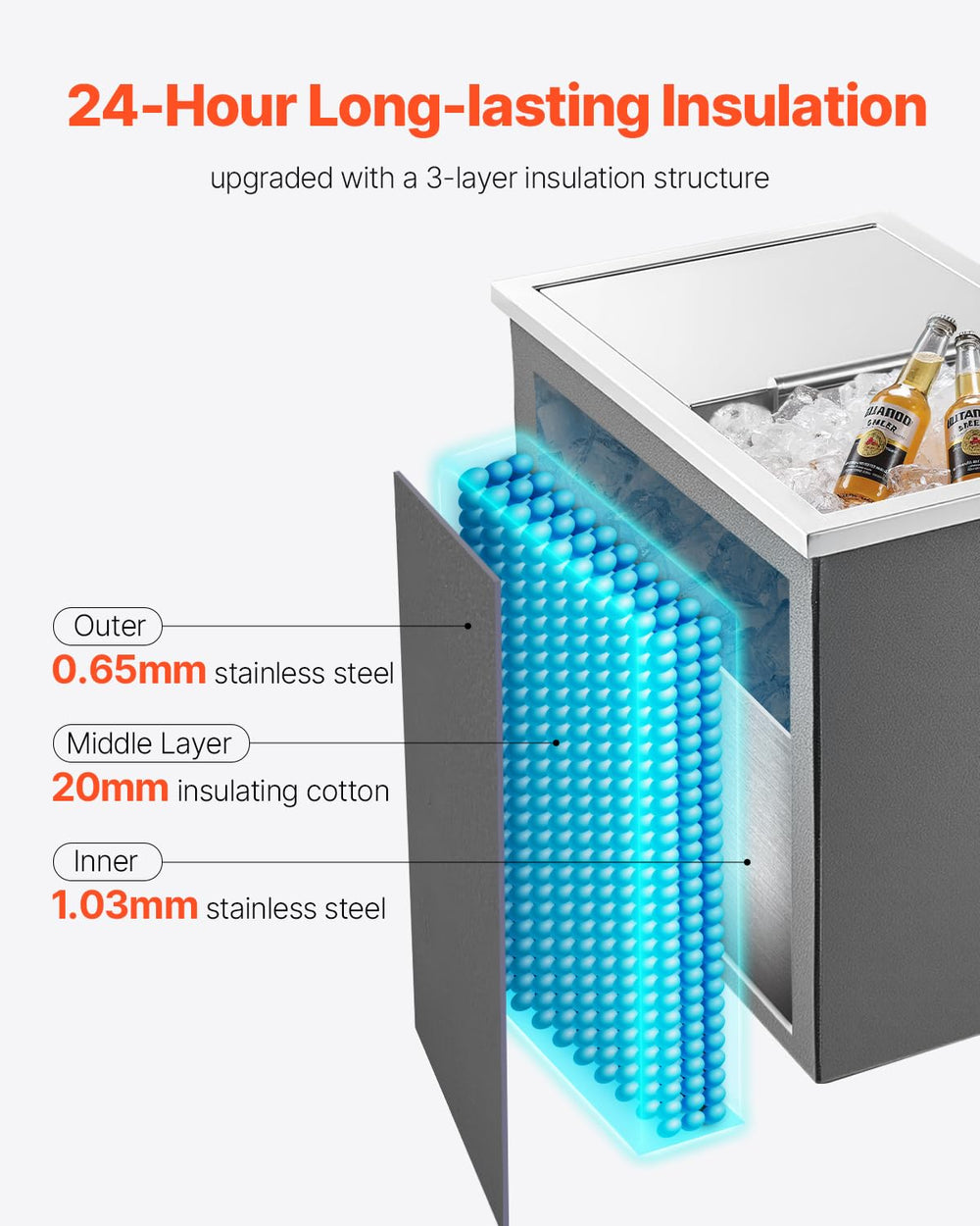 VEVOR sliding lid detail showing seal for better insulation and easy access