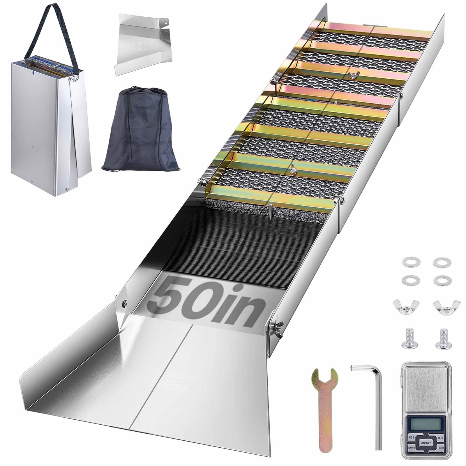 VEVOR front view of sluice box showing full length and capture benefits