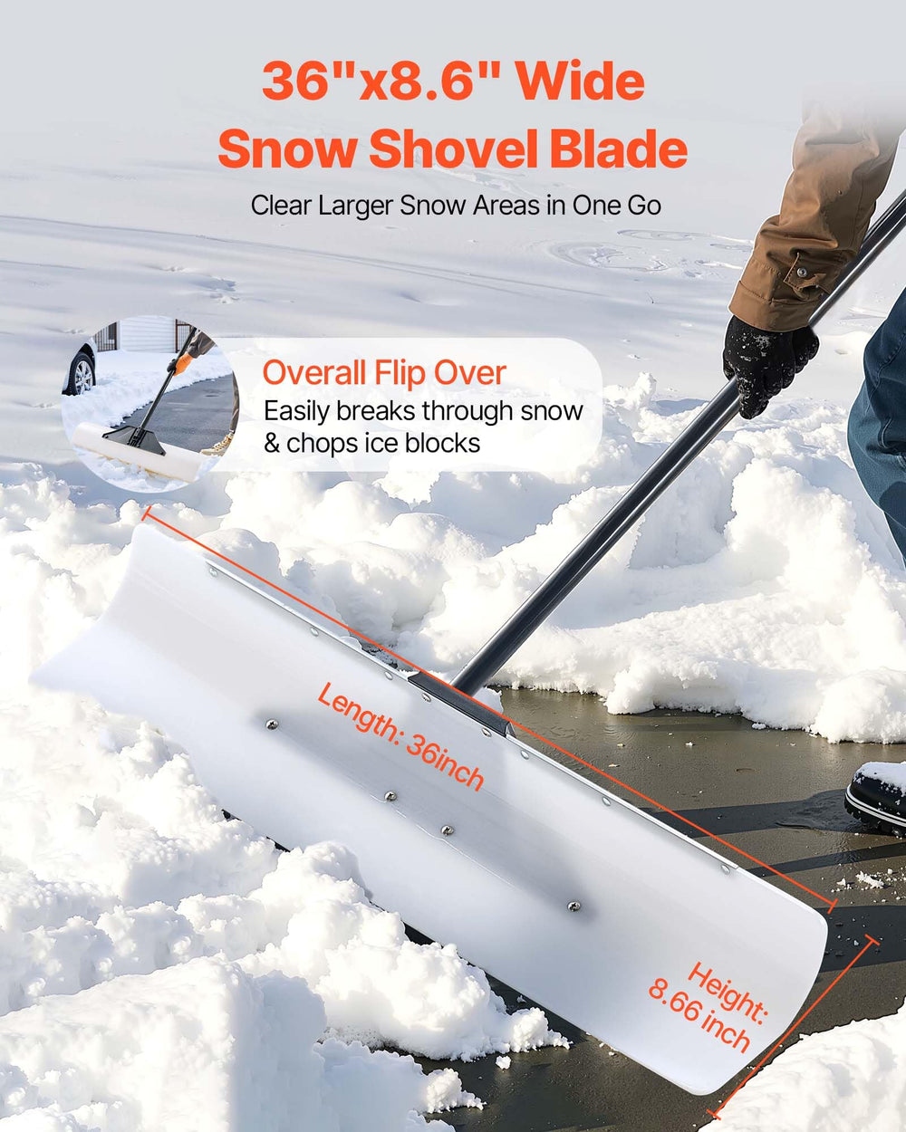 VEVOR close-up of HDPE blade surface demonstrating low-stick design for easy snow release