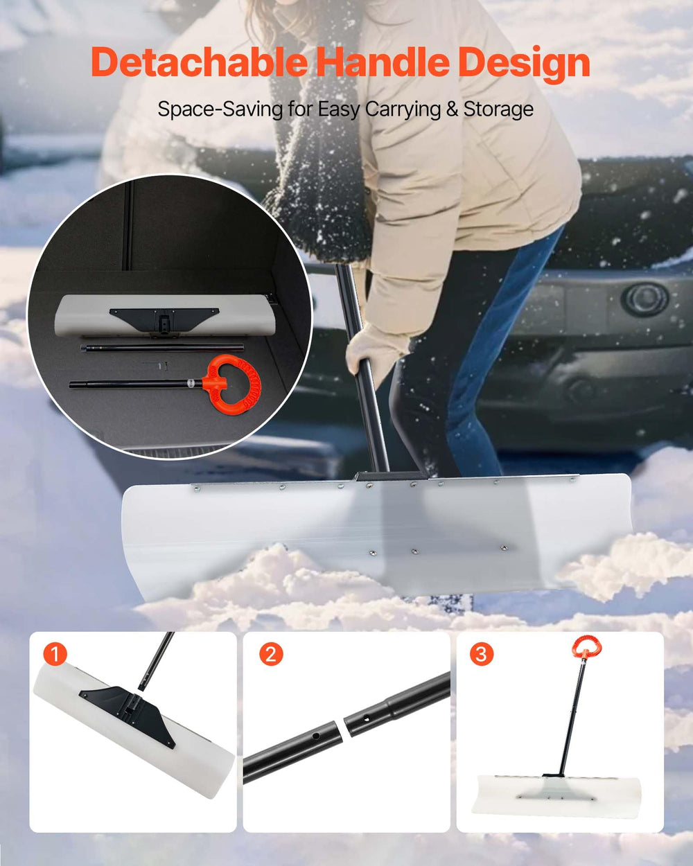 VEVOR snow pusher clearing a driveway quickly, showing efficient wide-path performance