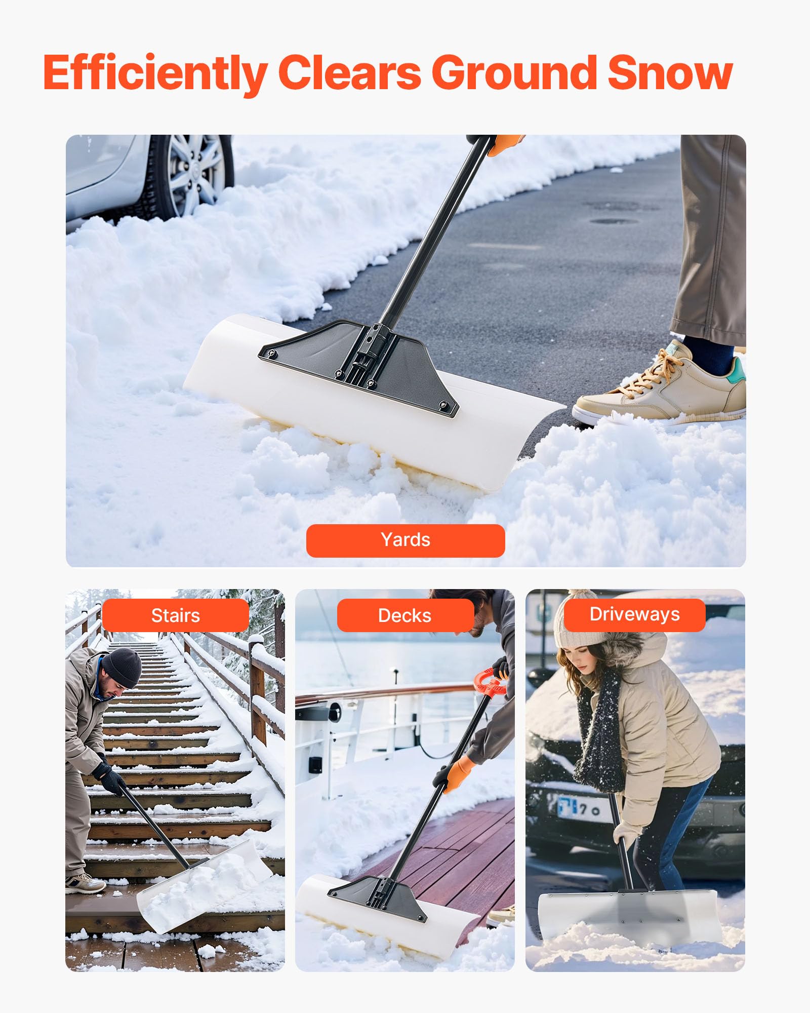 VEVOR snow pusher clearing a driveway quickly to save time and effort