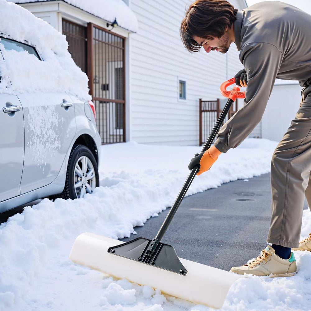 VEVOR disassembled snow pusher stored in a car trunk for emergency winter readiness