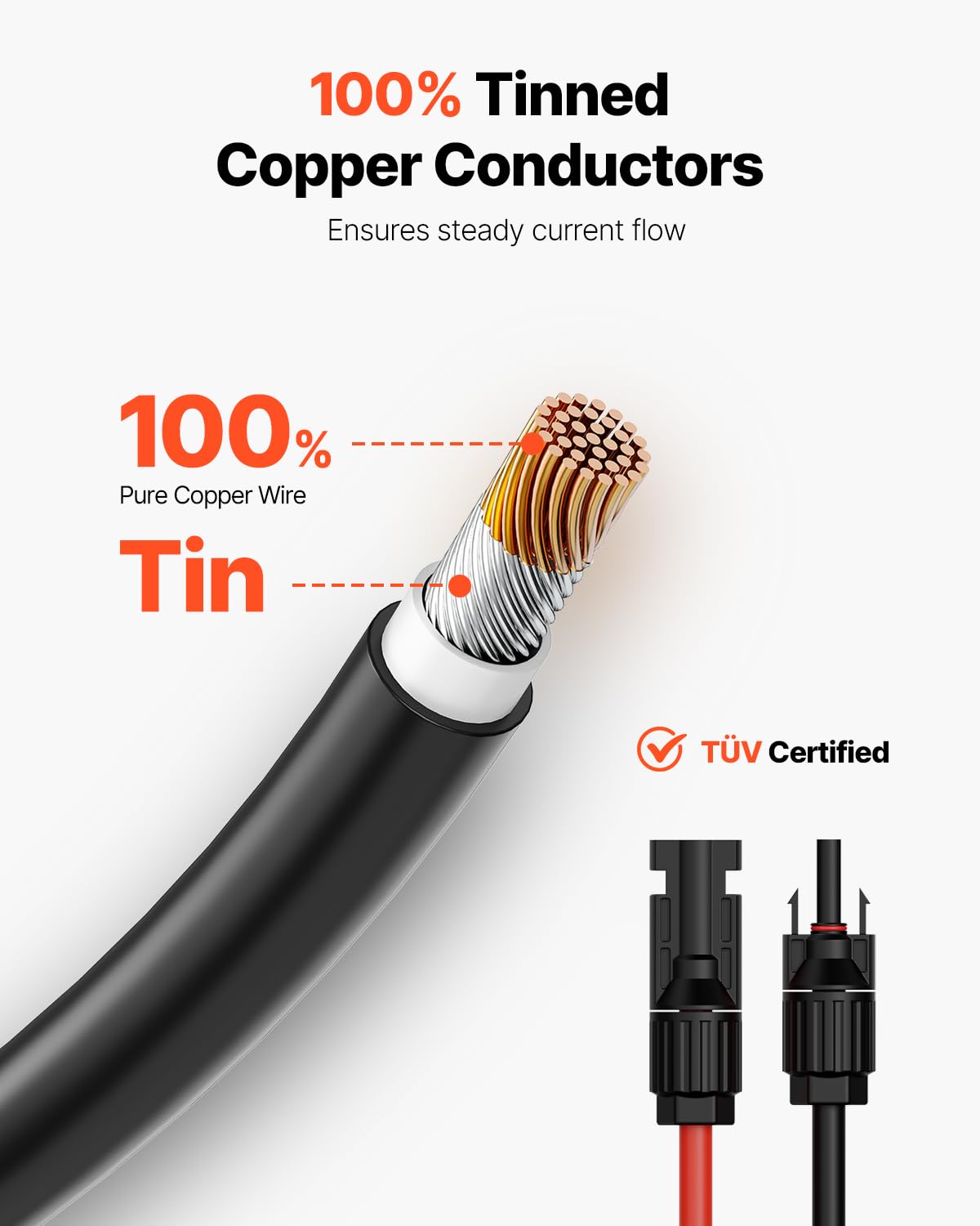 VEVOR close-up of MC4 male and female connectors highlighting waterproof IP67 seal and secure lock