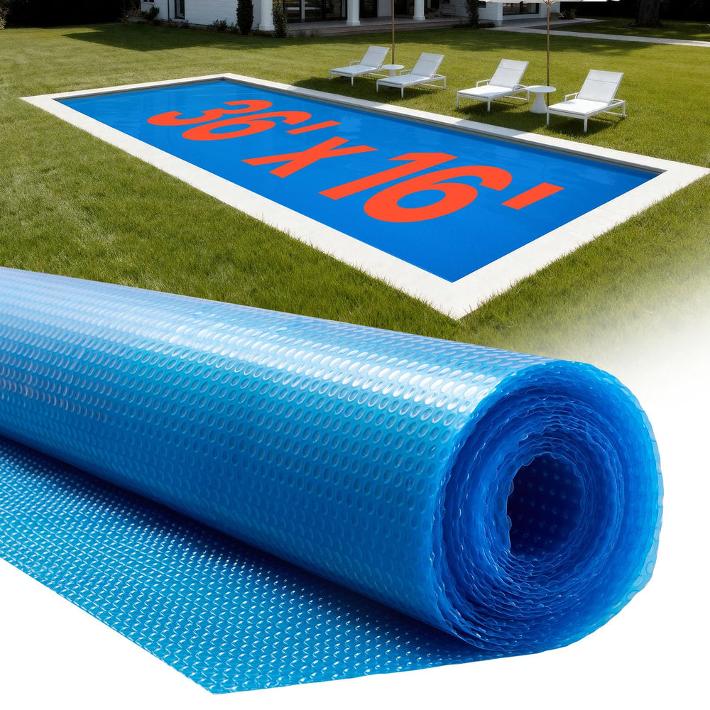 VEVOR front view of blue 36x16ft solar pool cover showing full coverage and heat retention