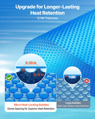 VEVOR solar pool cover placed on water demonstrating reduced evaporation and warmth