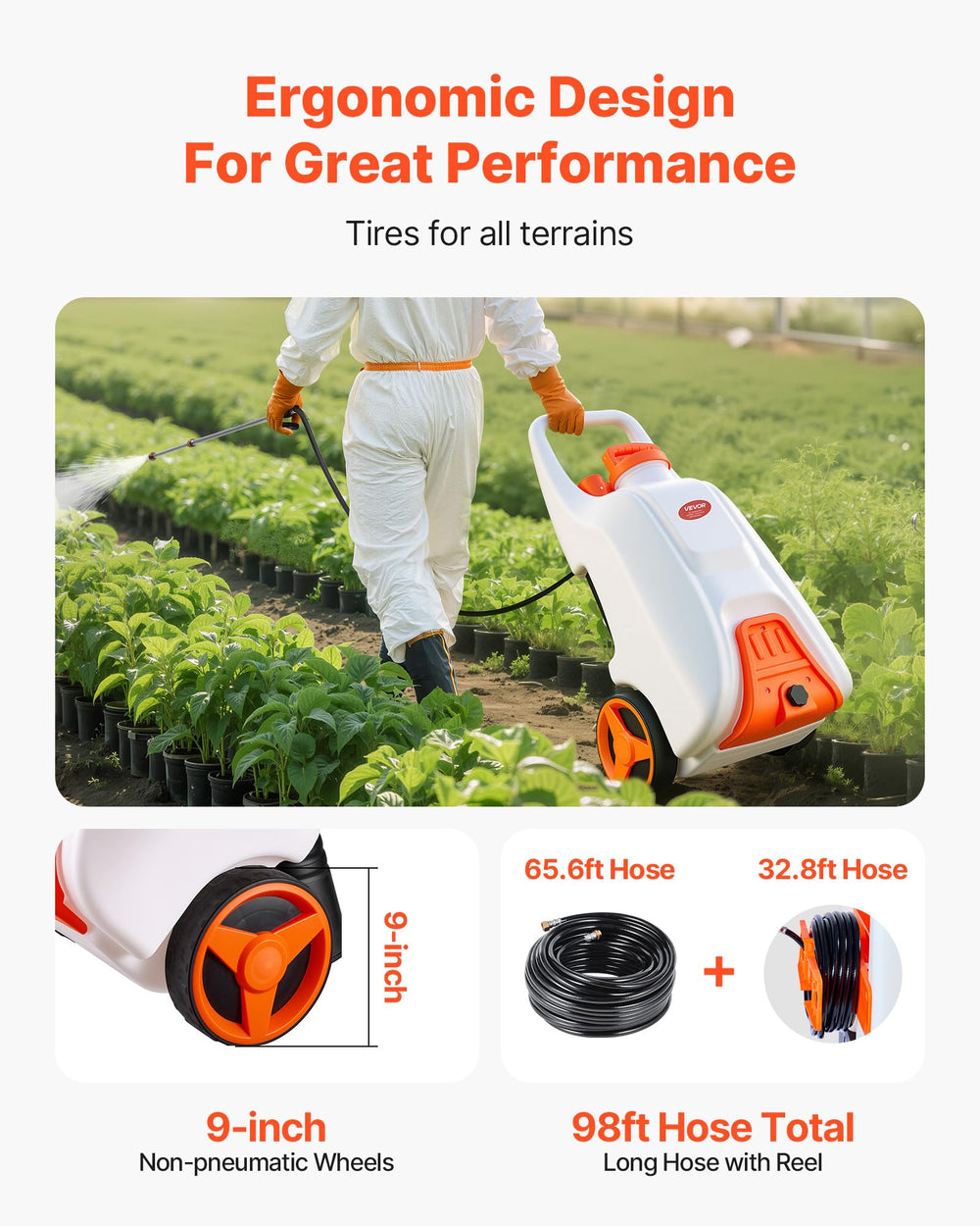 VEVOR long 98ft hose uncoiled across lawn, extended reach benefit