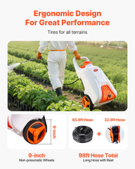 VEVOR long 98ft hose uncoiled across lawn, extended reach benefit