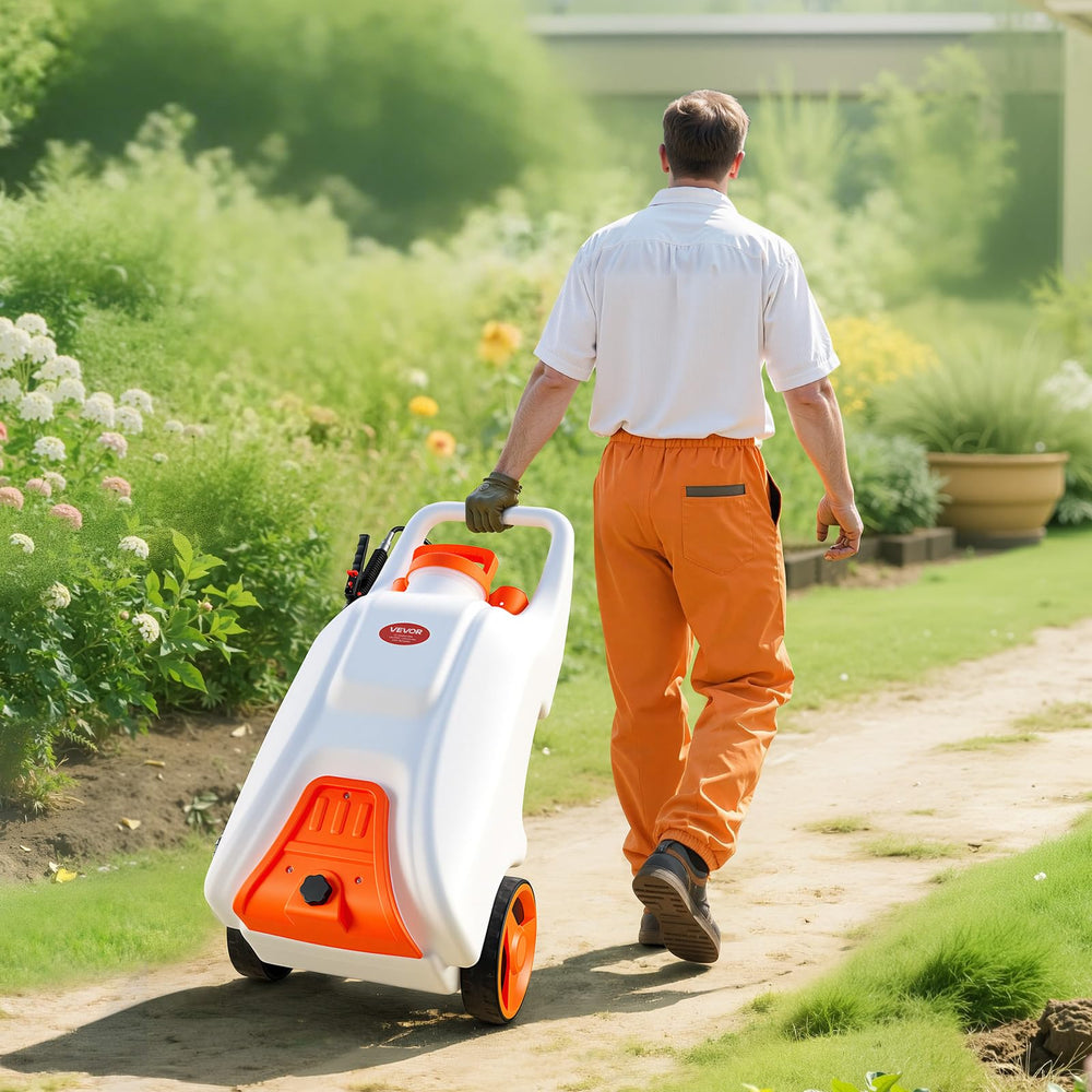 VEVOR sprayer in use applying treatment to garden beds, efficient coverage benefit