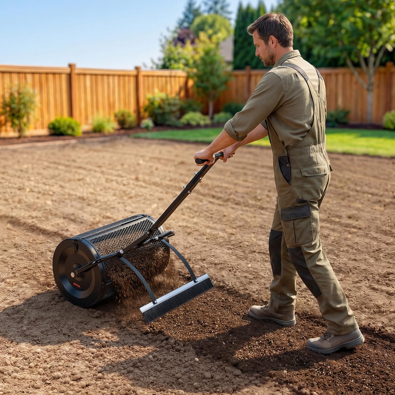 VEVOR spreader being towed behind an ATV for quick coverage of a large lawn
