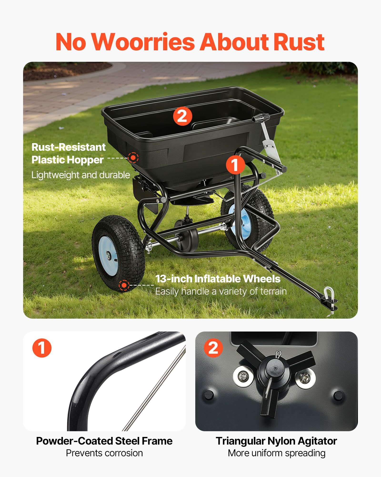 VEVOR spreader being pushed by hand showing ergonomic maneuvering