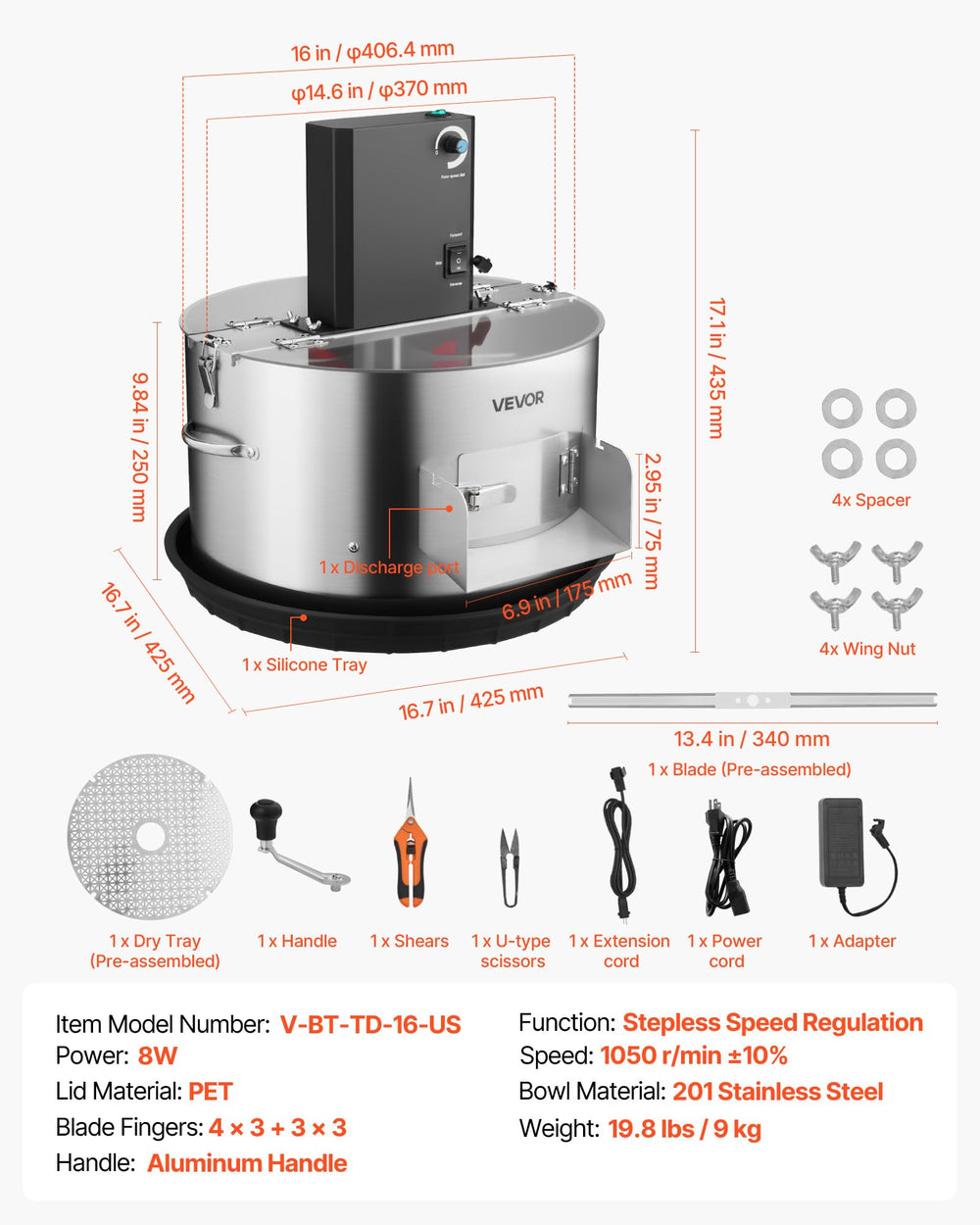 VEVOR stainless collection bowl for easy cleanup and material handling