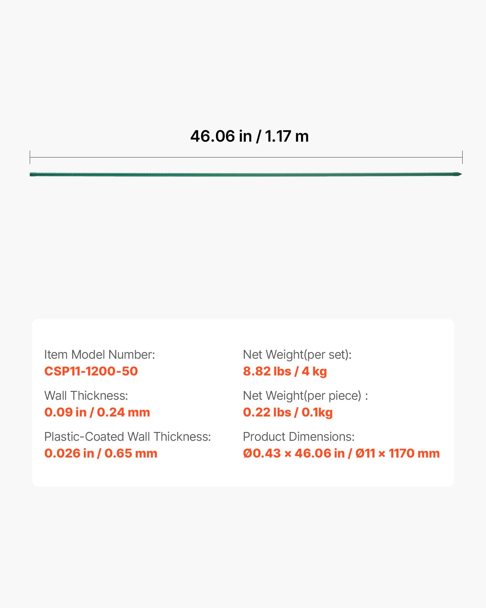 VEVOR stake beside ruler showing 46.06-inch length for tall plants