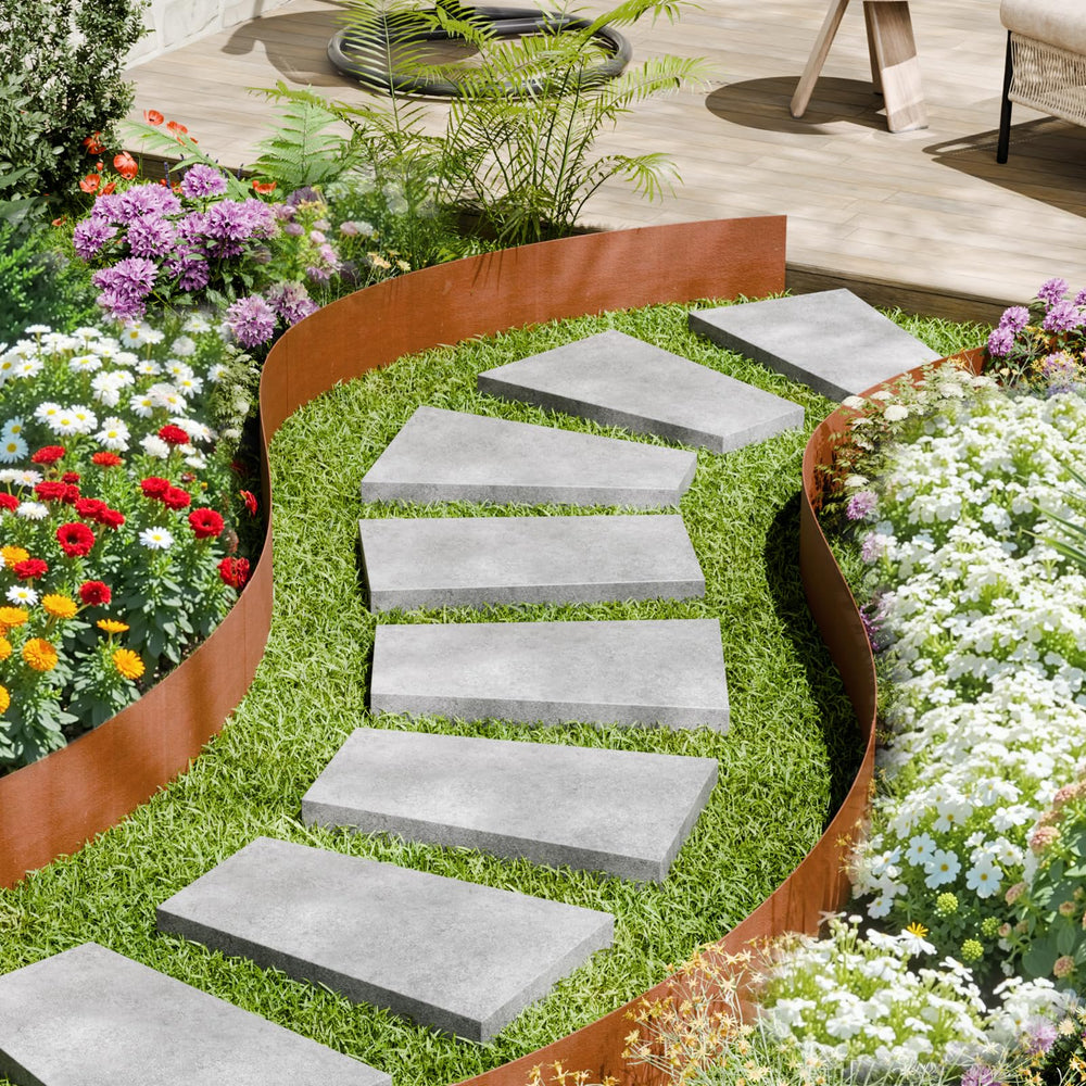 VEVOR edging separating lawn and pathway showing tidy landscape organization benefit