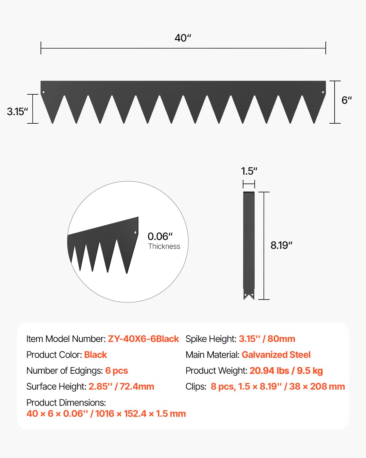 VEVOR panel beside a ruler showing exact 40 x 6 inch size clarity